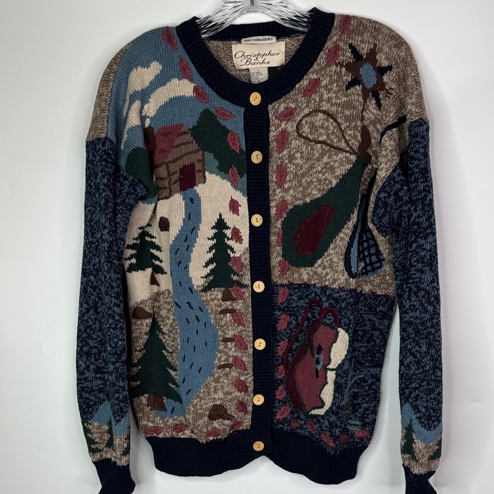 Vintage Christopher & Banks Hand Embroidered Cabin Scene Cardigan Sweater Large